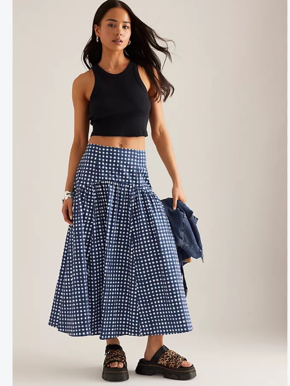 Hutch Navy Gingham Tiered Midi Skirt - Women